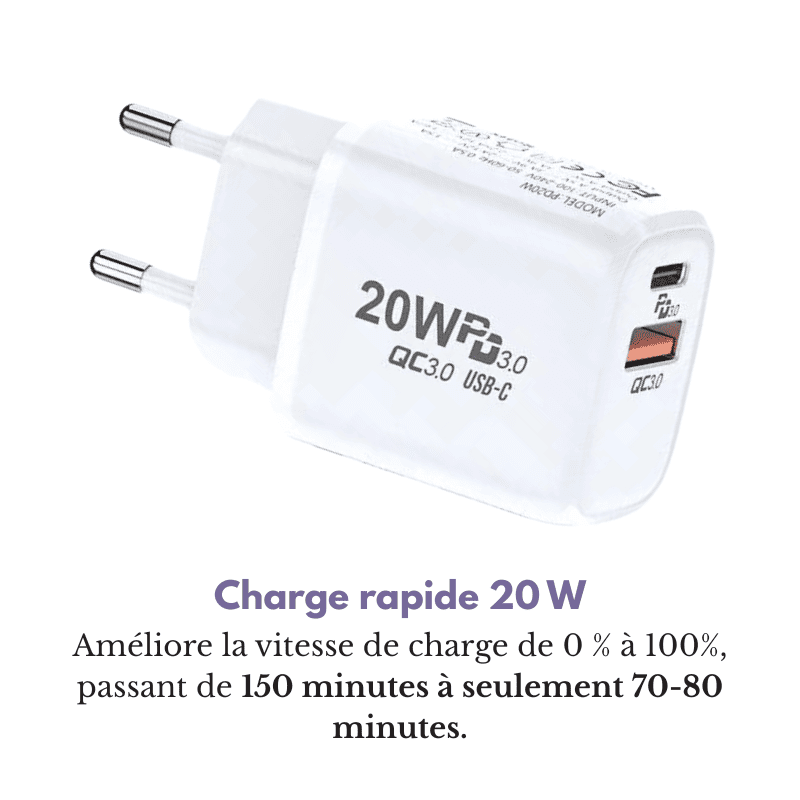 Chargeur haute puissance 20W : Augmente la vitesse de charge